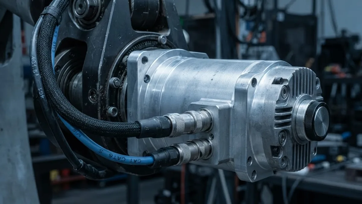 Close-up of an AC servo motor mounted on a robotic arm joint