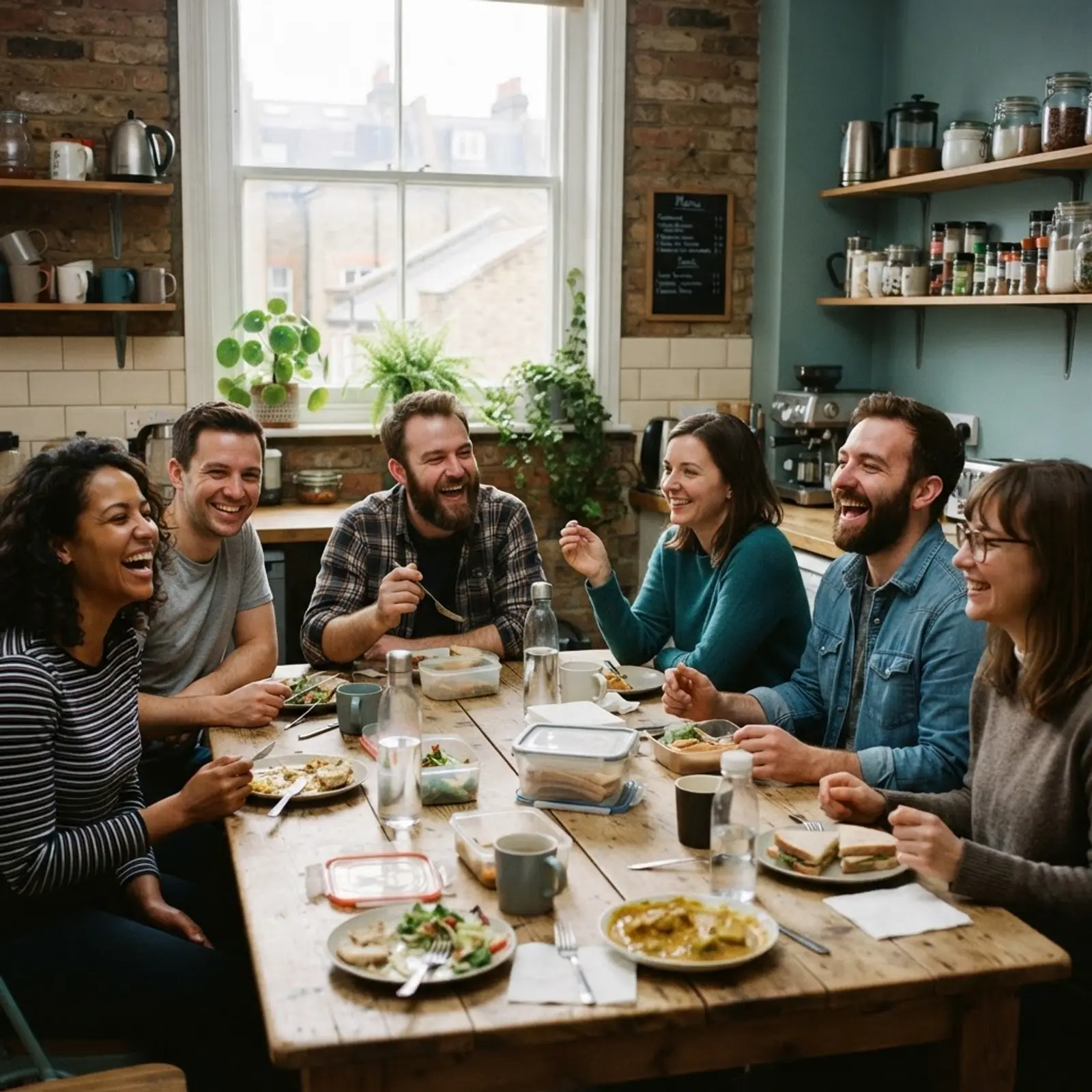 Small London engineering team sharing lunch in an office kitchen