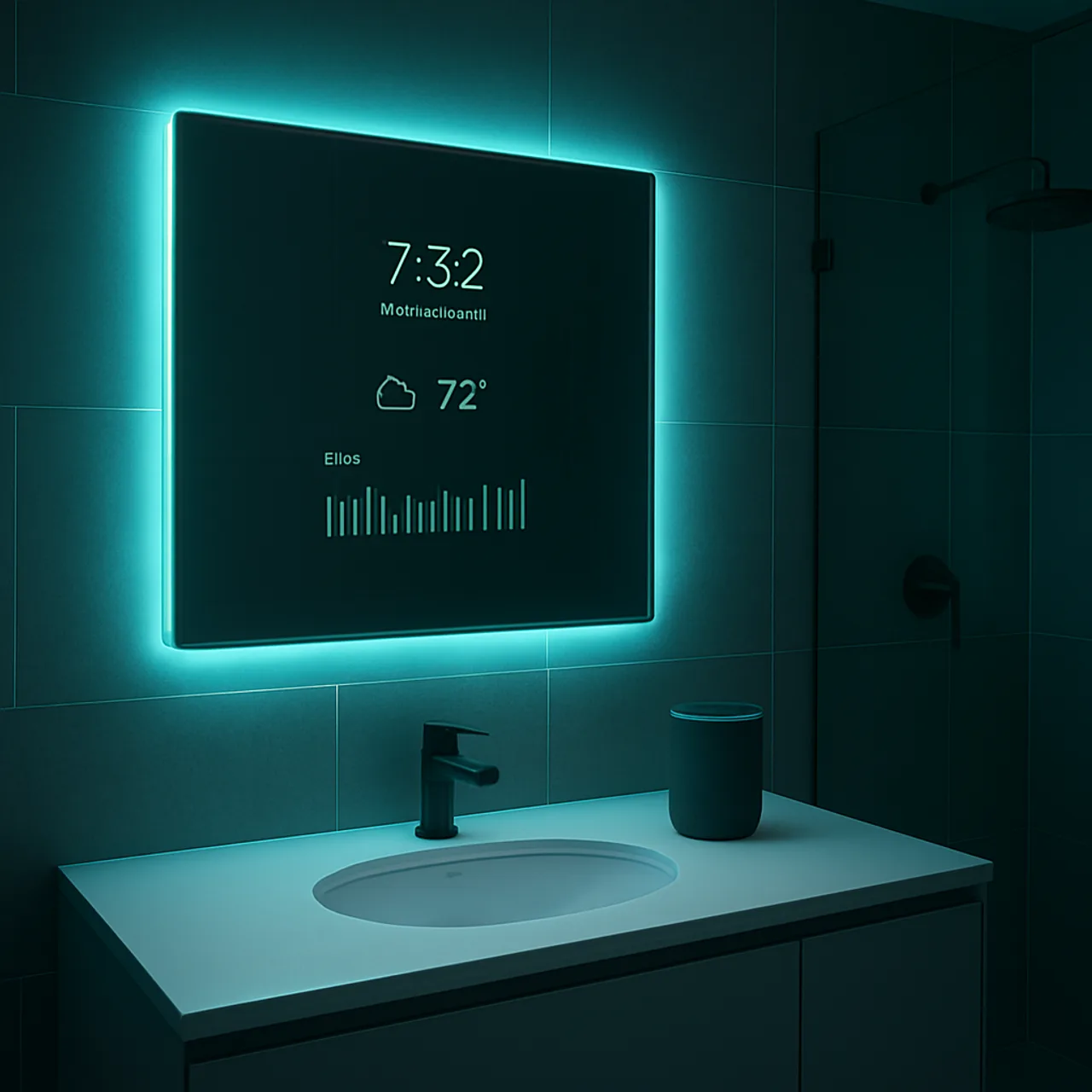 Connected smart bathroom with voice assistant and automated lighting
