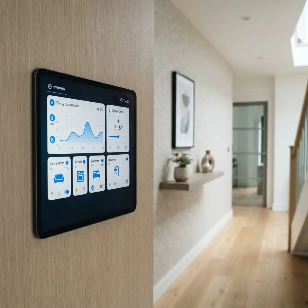 Wall-mounted tablet showing a smart home control dashboard