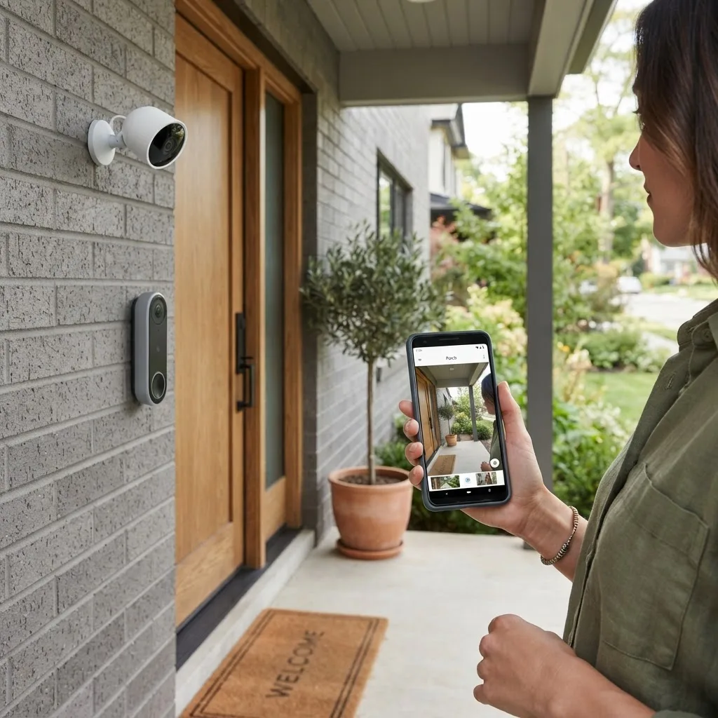 Video doorbell and wireless camera at a front door with a phone feed