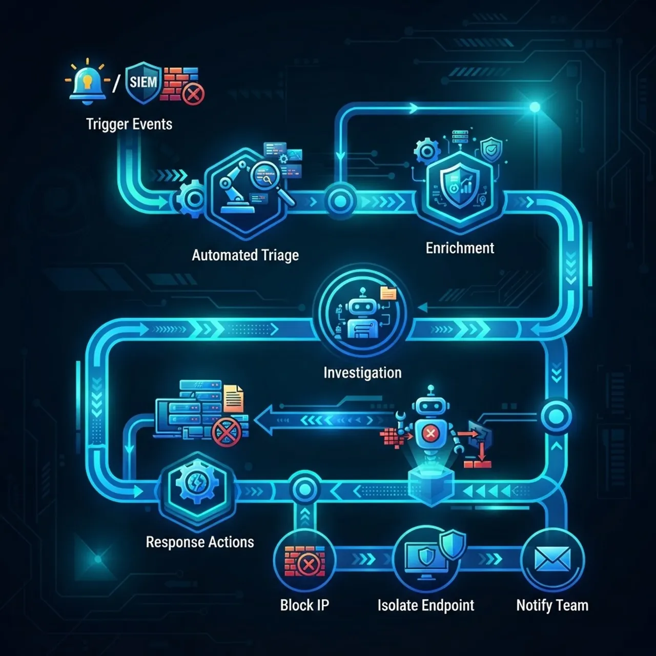 Security automation workflow with connected response nodes