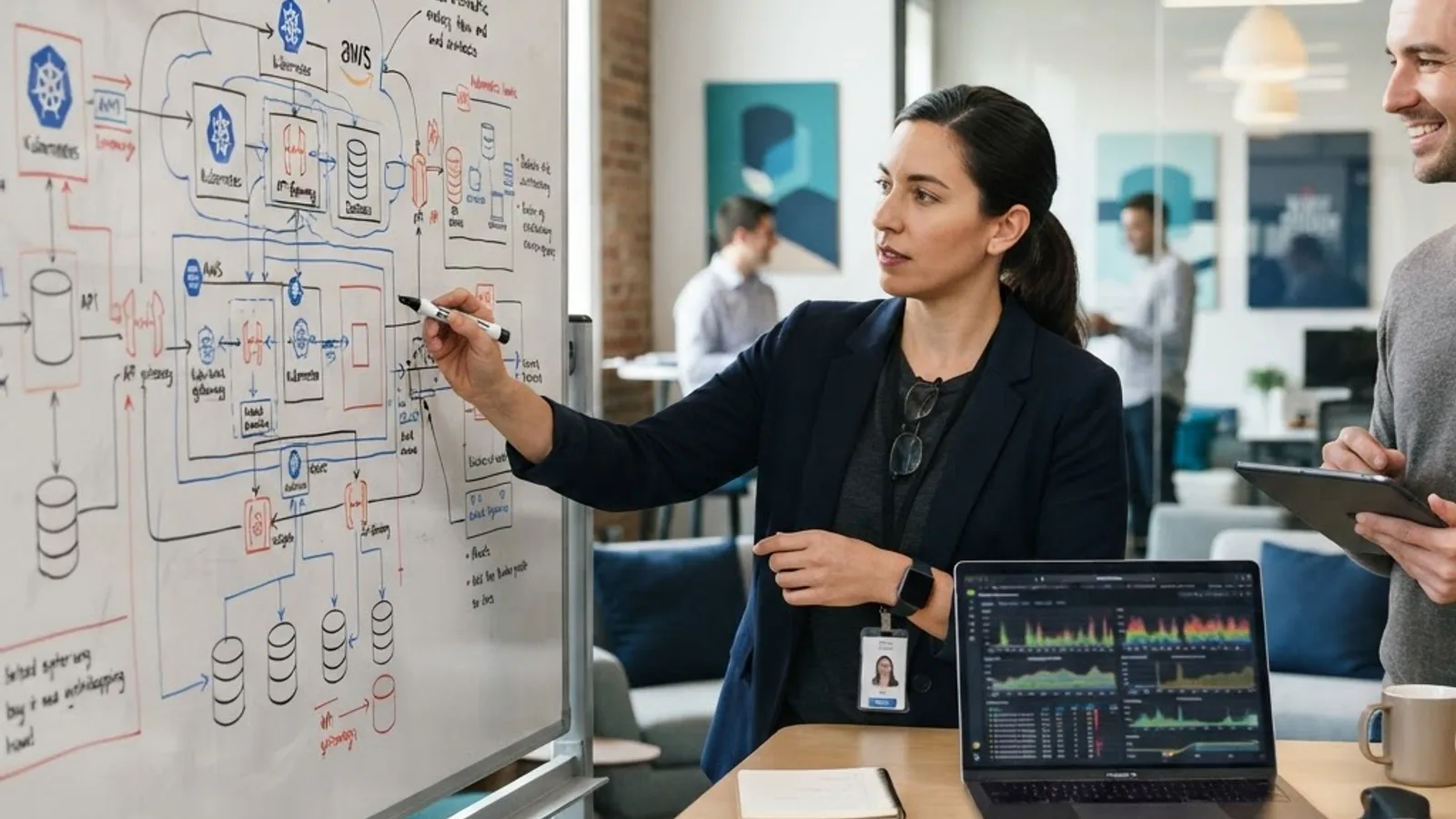 Consultant analyzing cloud architecture diagram and performance graphs during a technical audit