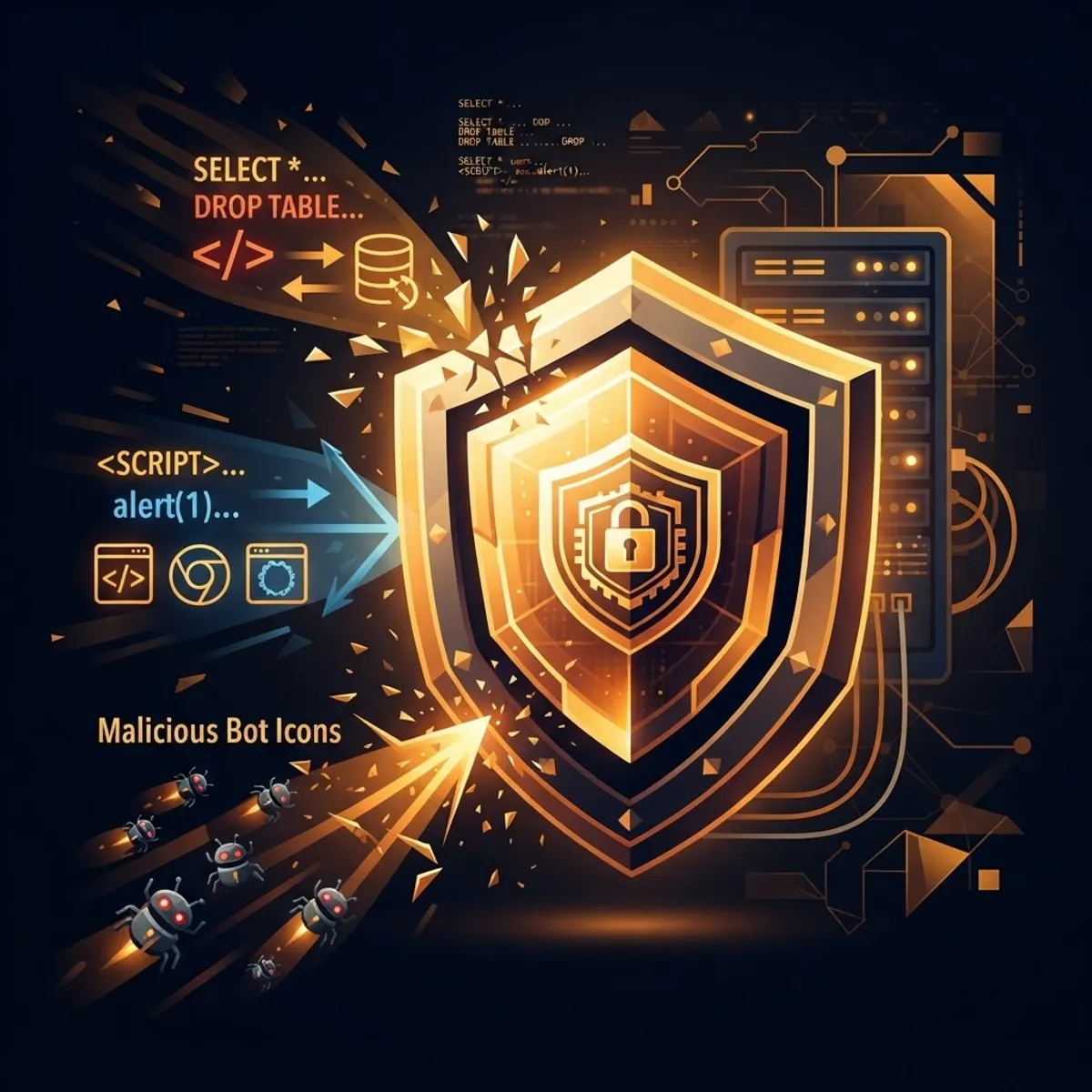 Illustration of SQL injection and cross-site scripting attacks blocked by a WAF