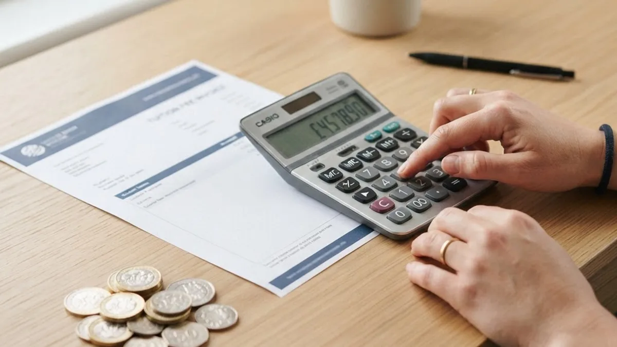Calculator and tuition fee invoice with pound sterling coins