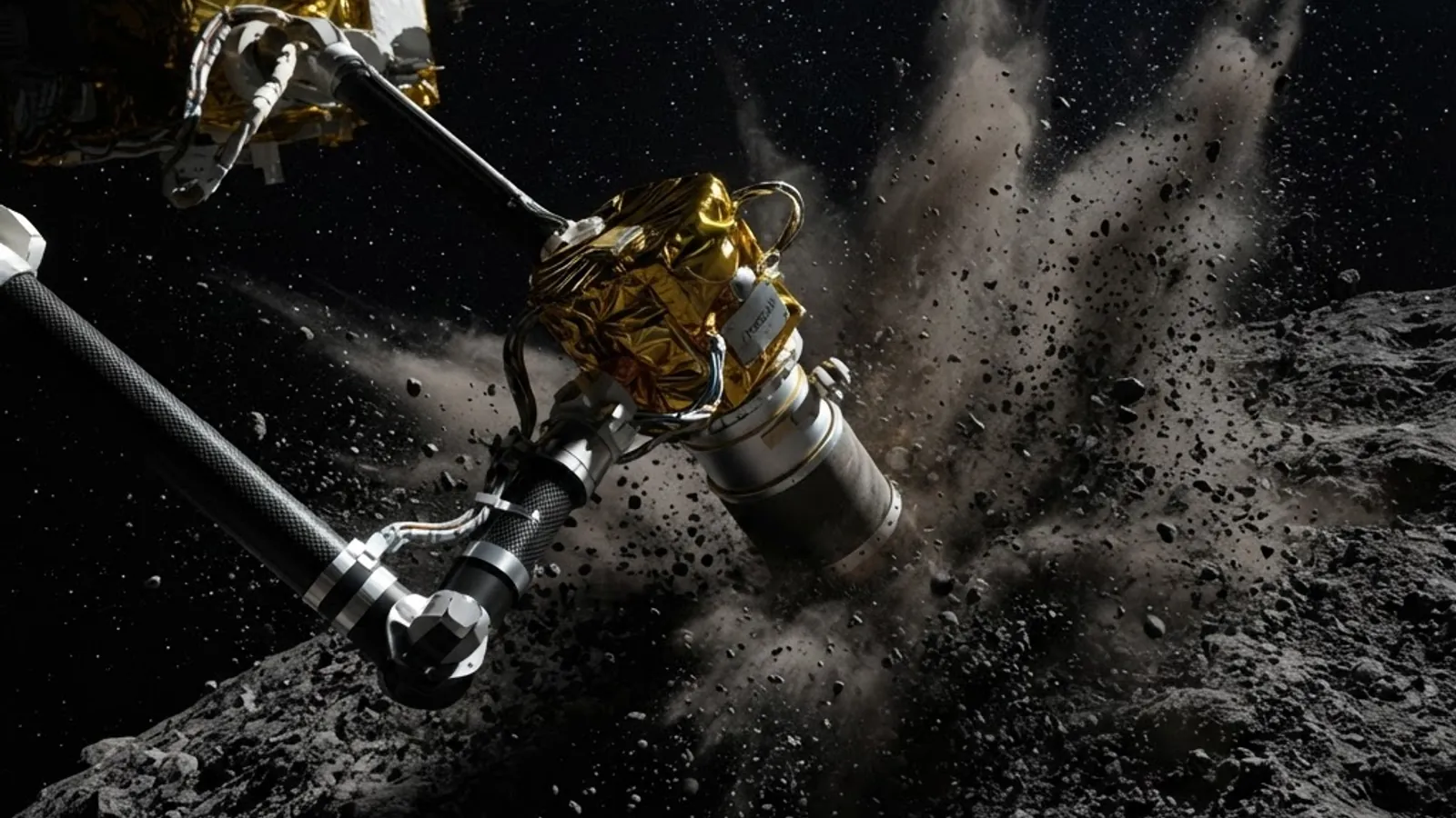 Spacecraft sampler head lifting dust during touch-and-go collection