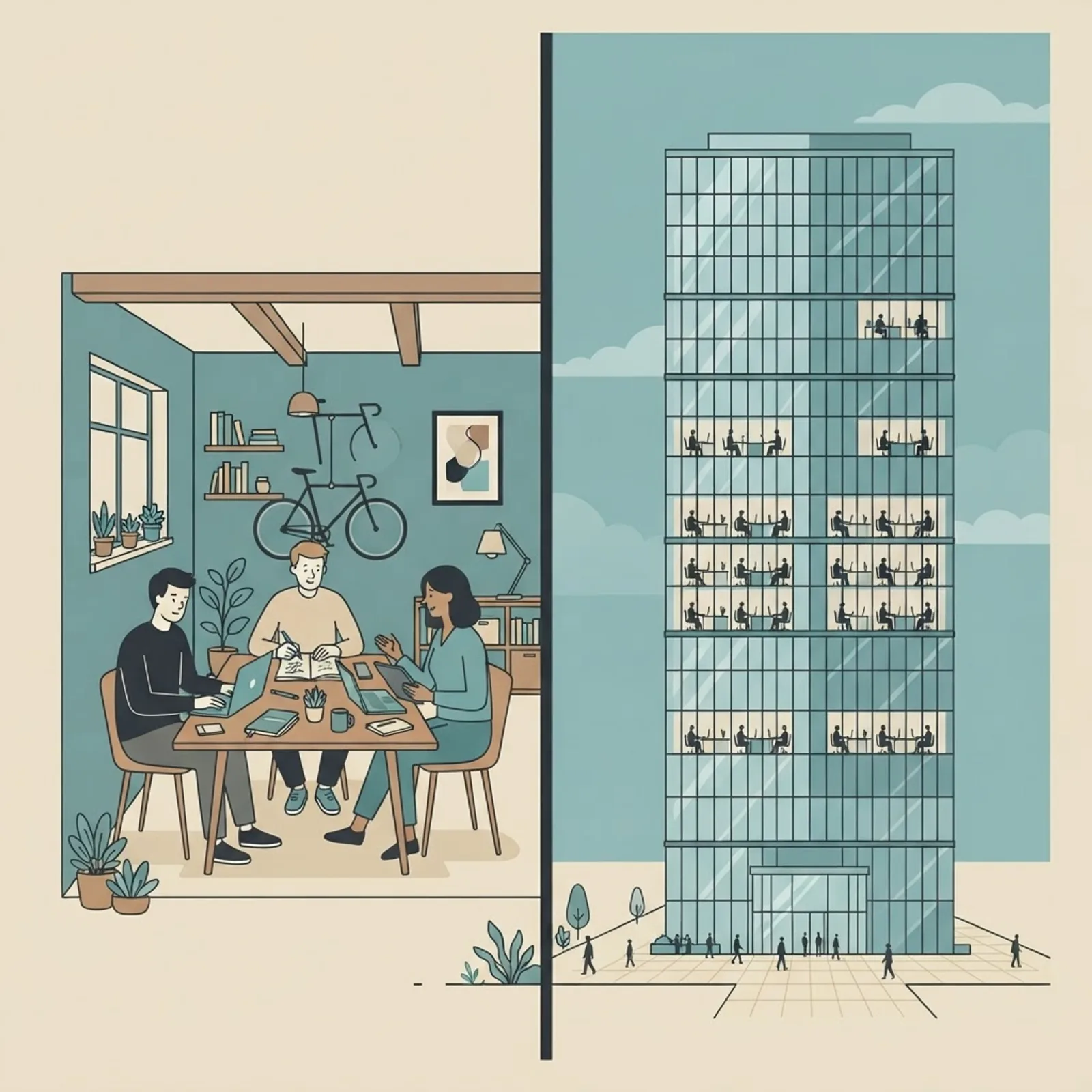 Comparison of a small studio team and a large corporate tower