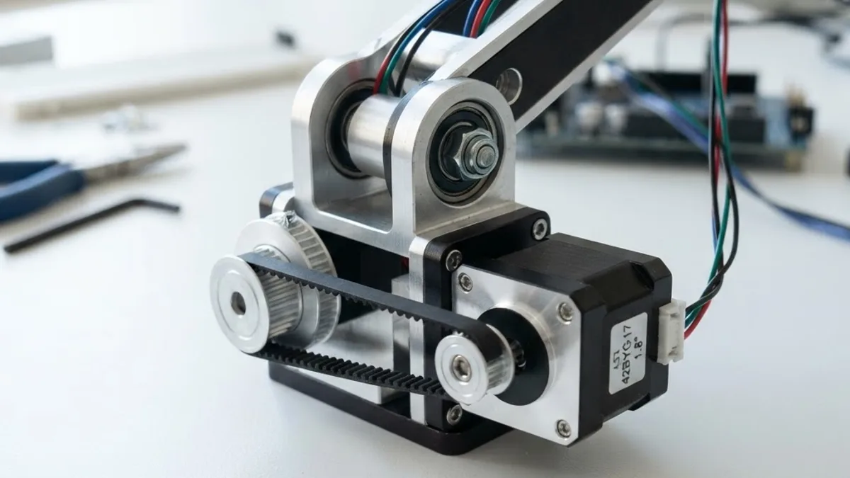NEMA 17 stepper motor driving a desktop robot arm joint via a timing belt
