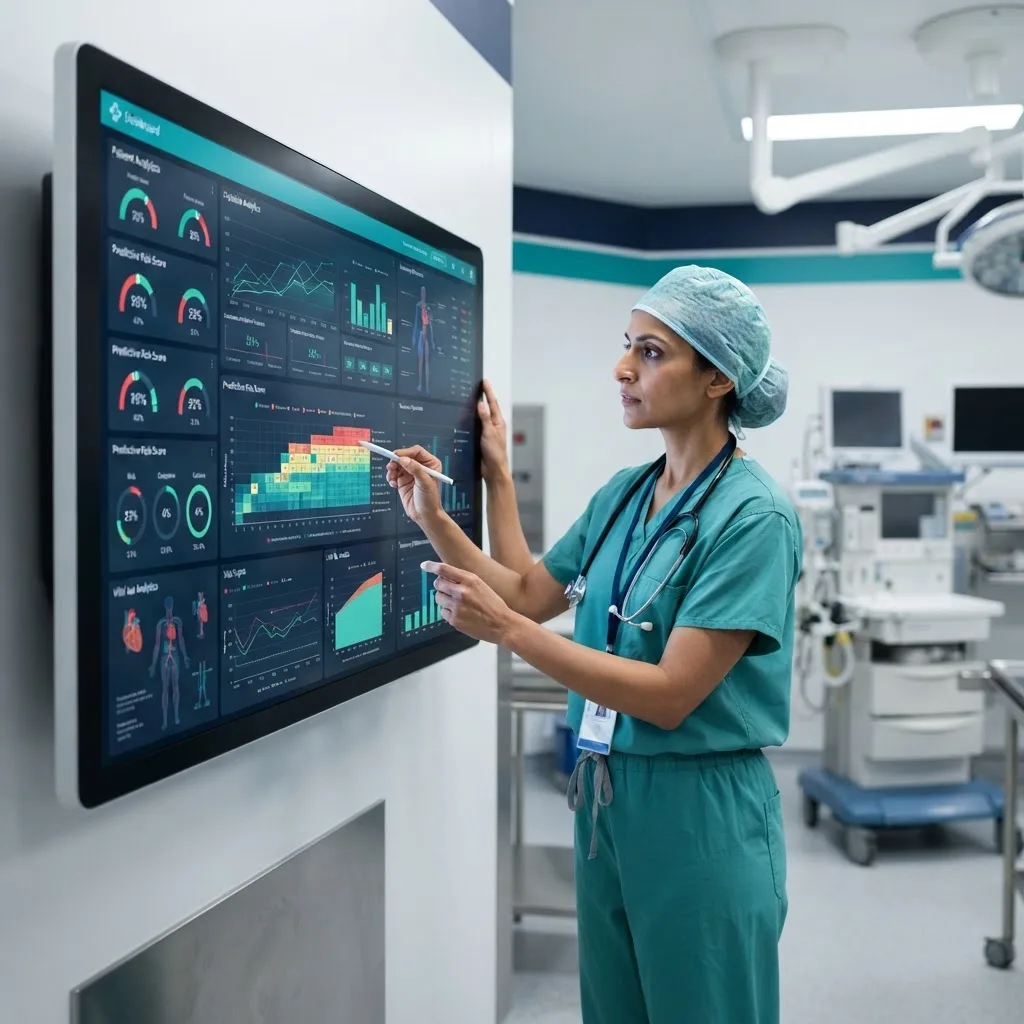 Surgeon reviewing an AI-powered data dashboard