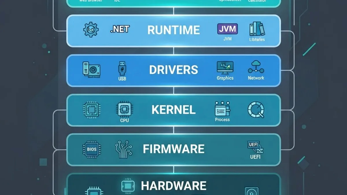 Layered diagram of hardware, firmware, kernel, drivers, runtime, and applications