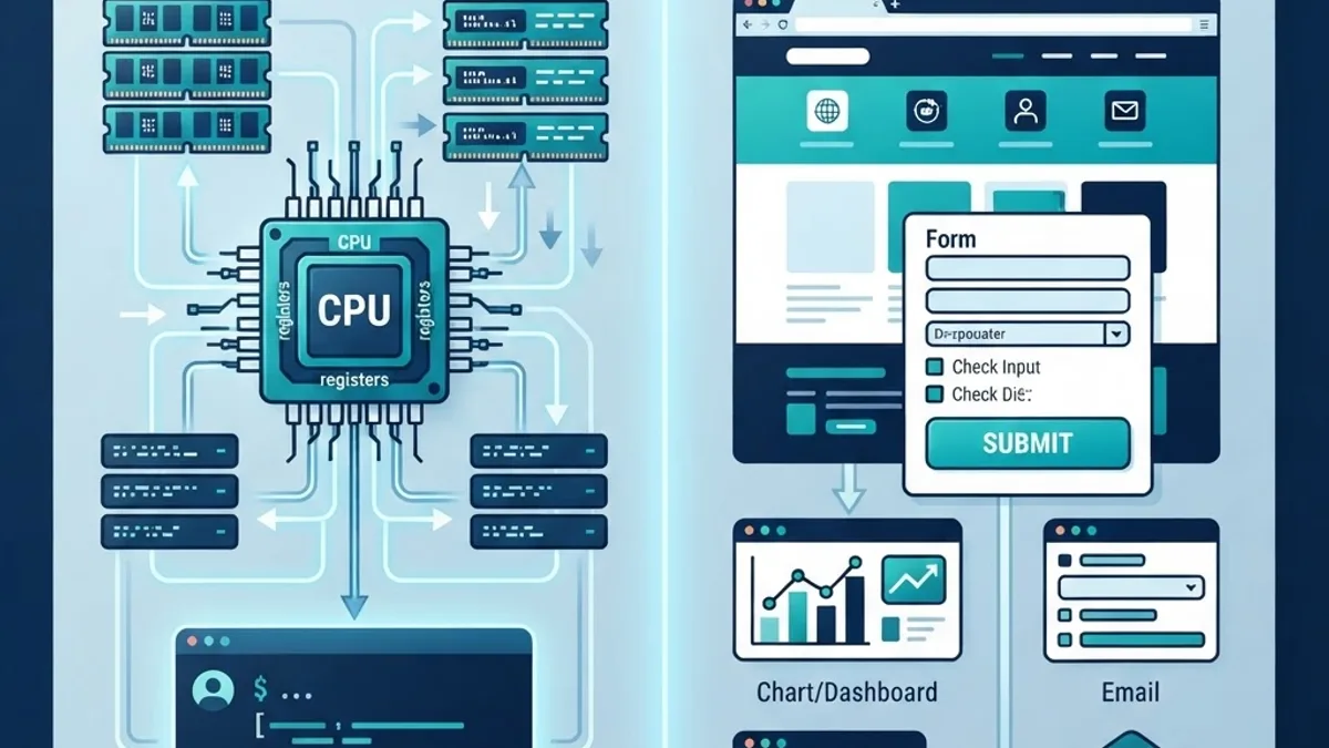 Split illustration comparing low-level systems software with application software