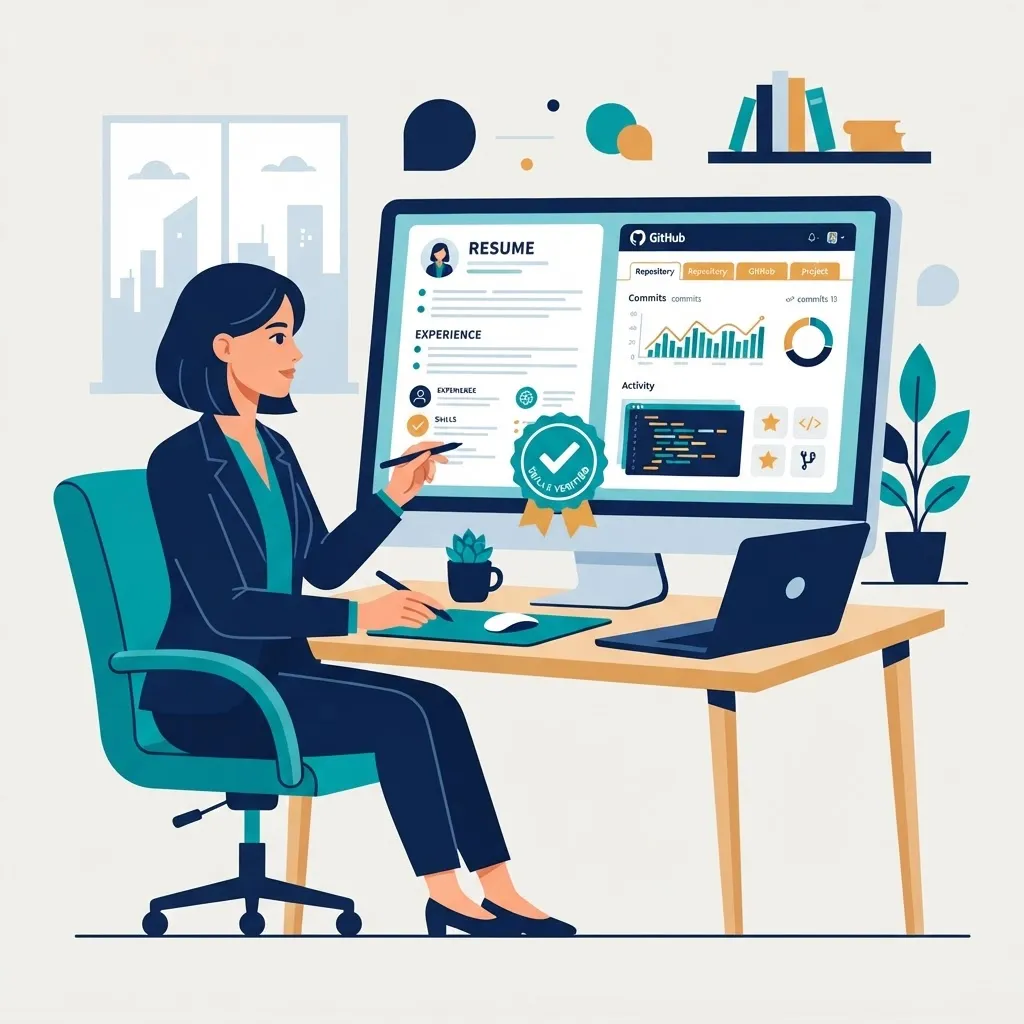Illustration of a hiring manager reviewing a candidate portfolio