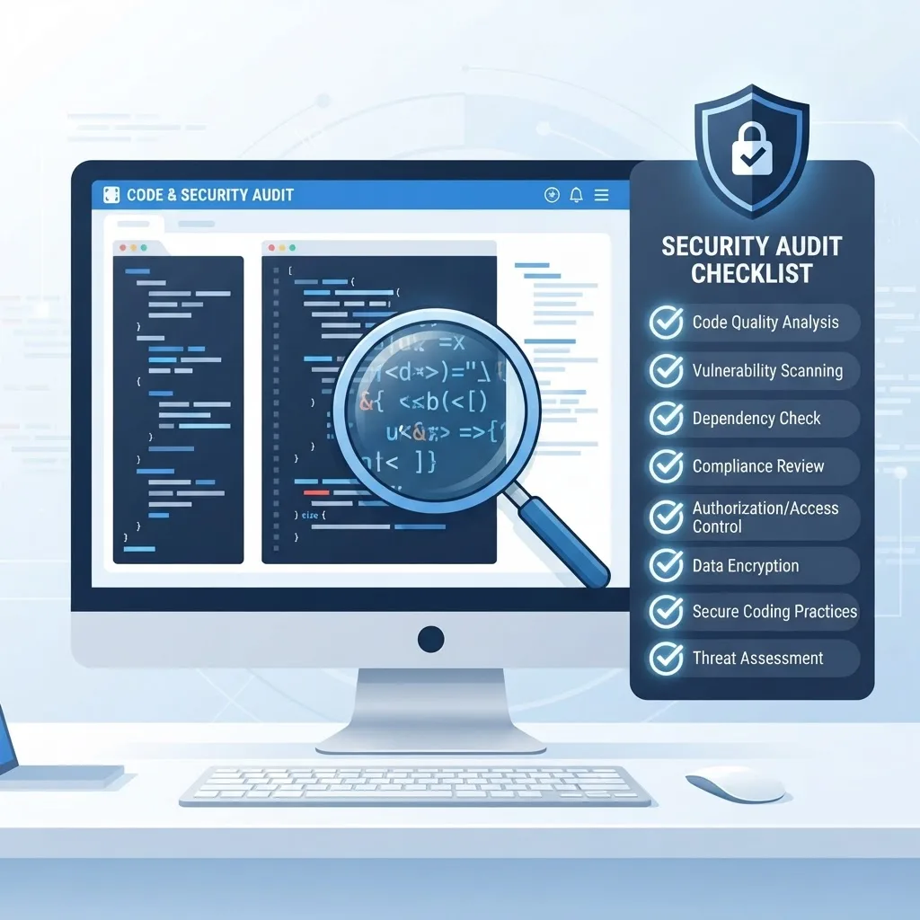 Technical due diligence code and security audit with checklist and shield icon