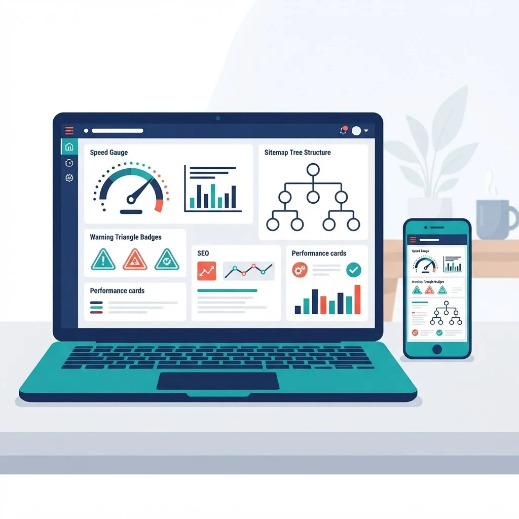 Technical SEO audit dashboard with performance metrics