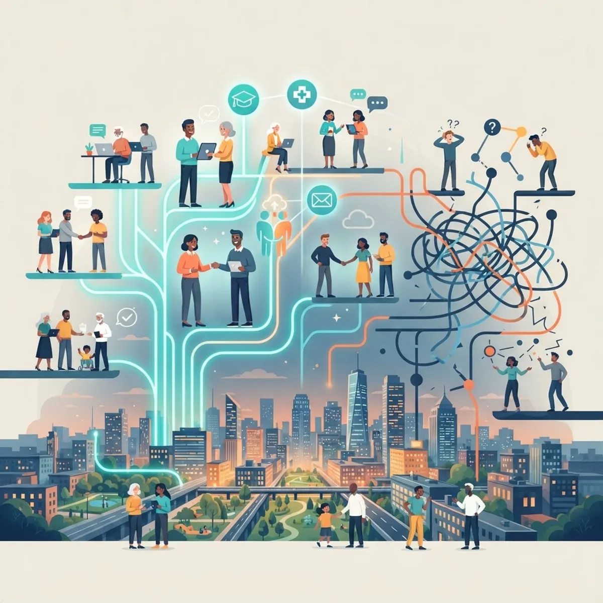 Community connected by digital network lines showing both help and harm