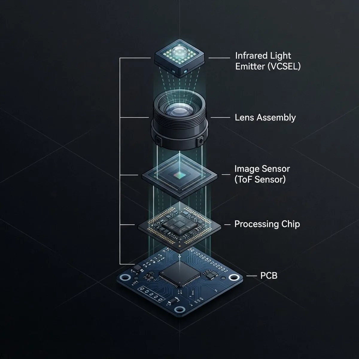 Exploded diagram of a Time-of-Flight camera module components