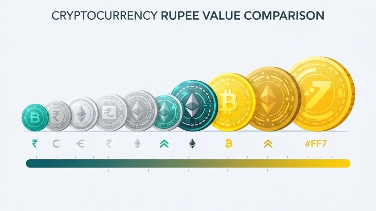 Comparison of cryptocurrency coins of different sizes representing different rupee values