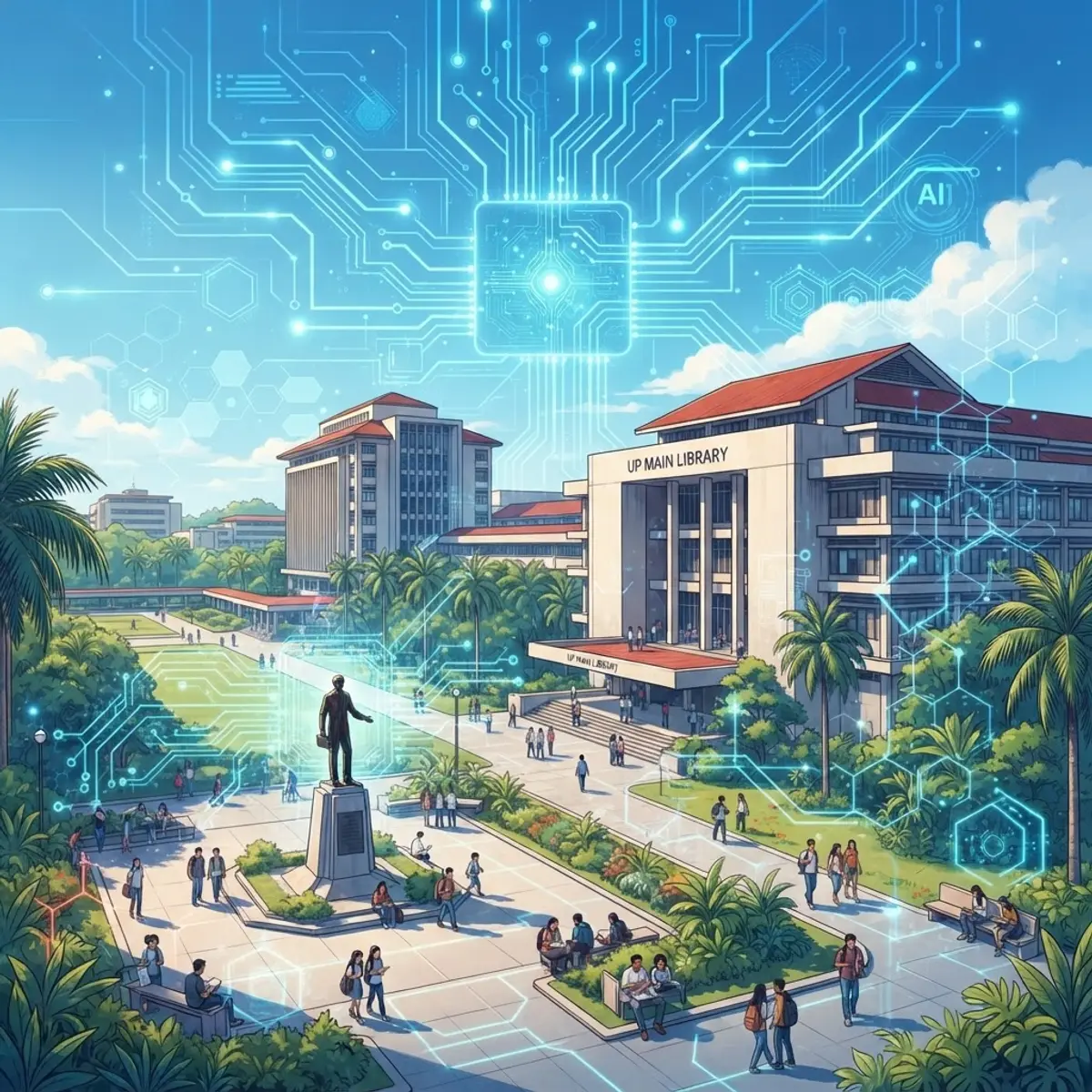 University buildings in the Philippines with AI circuit pattern overlay
