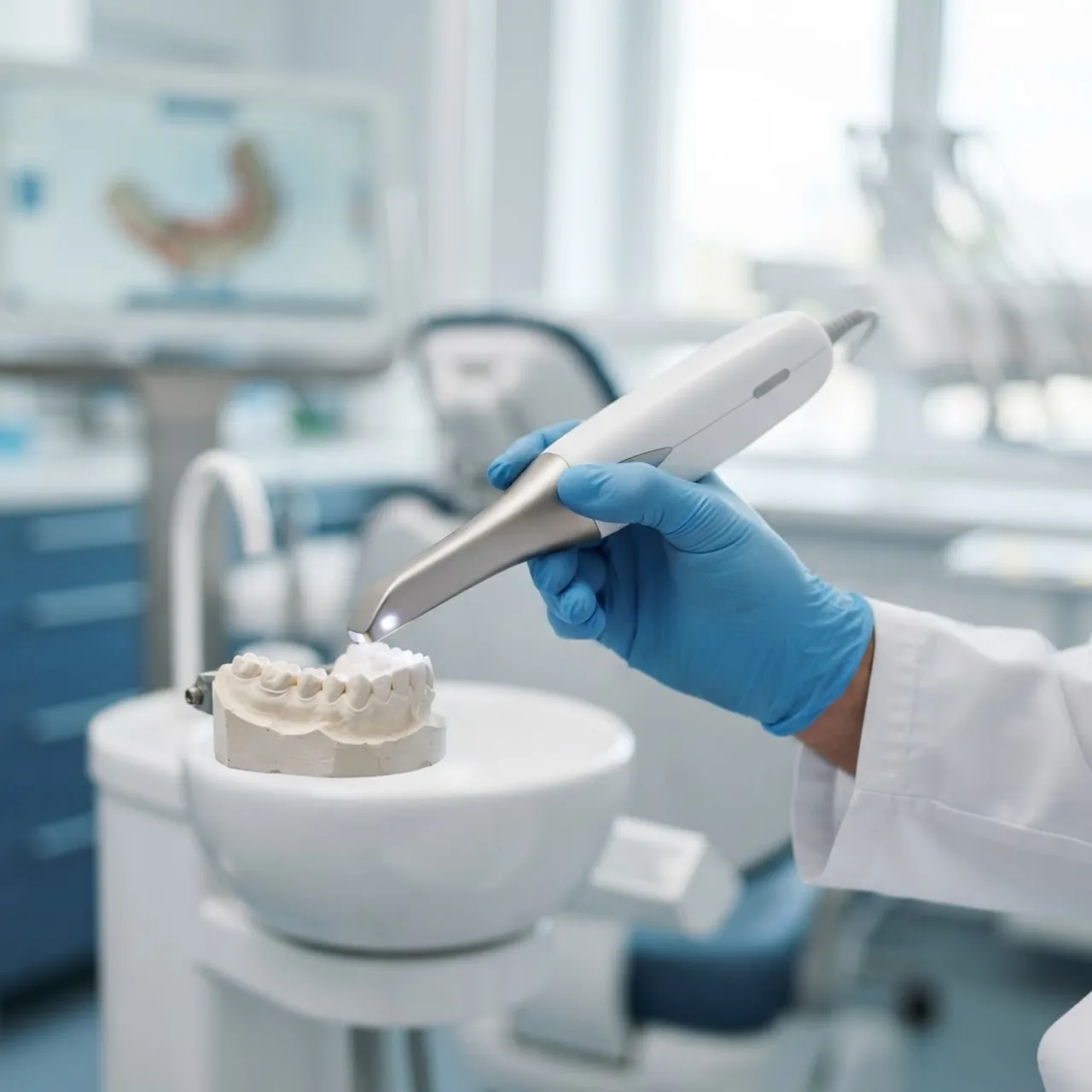 Wireless TRIOS 5 intraoral scanner in a dentist's hand