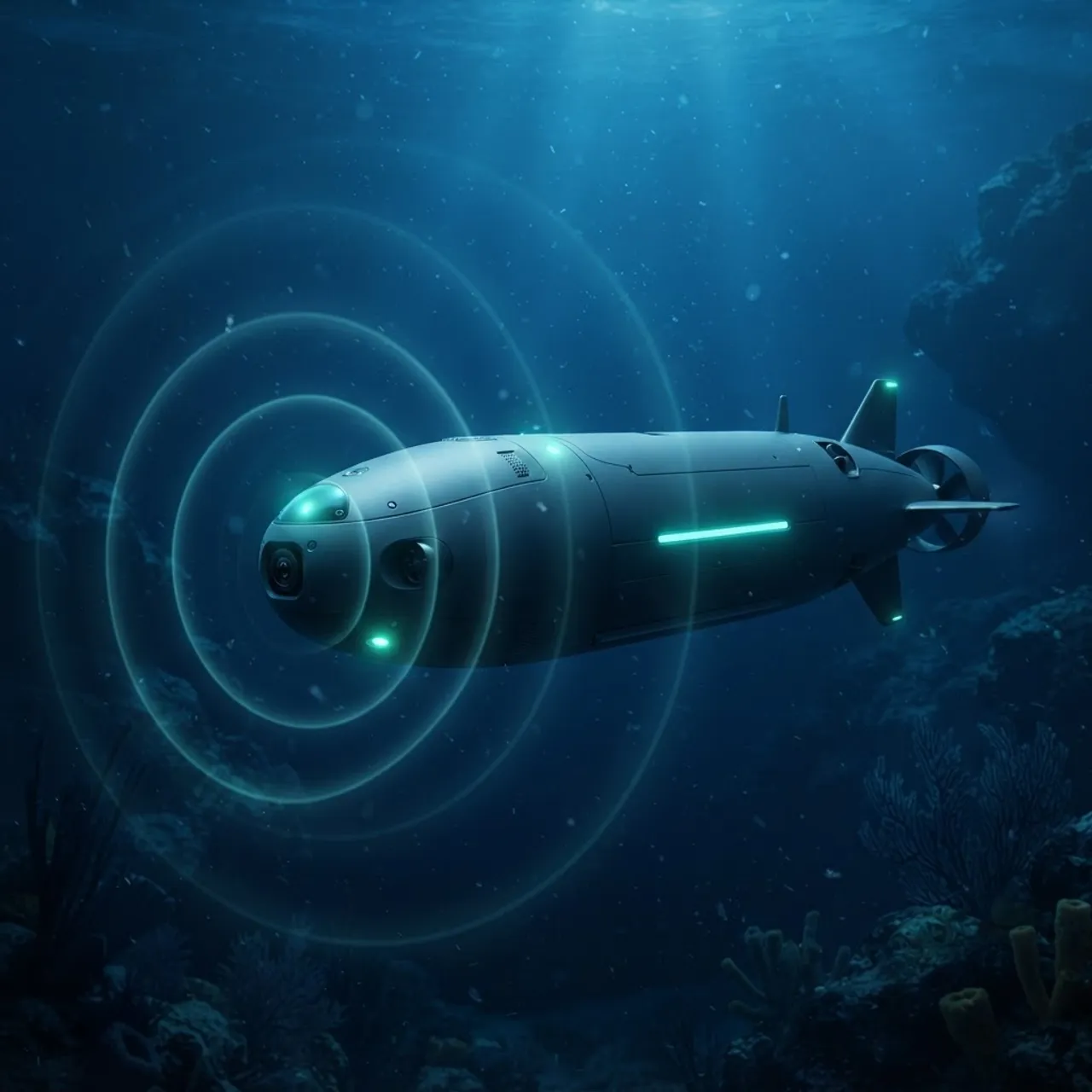 AI-guided unmanned underwater drone gliding through deep ocean water
