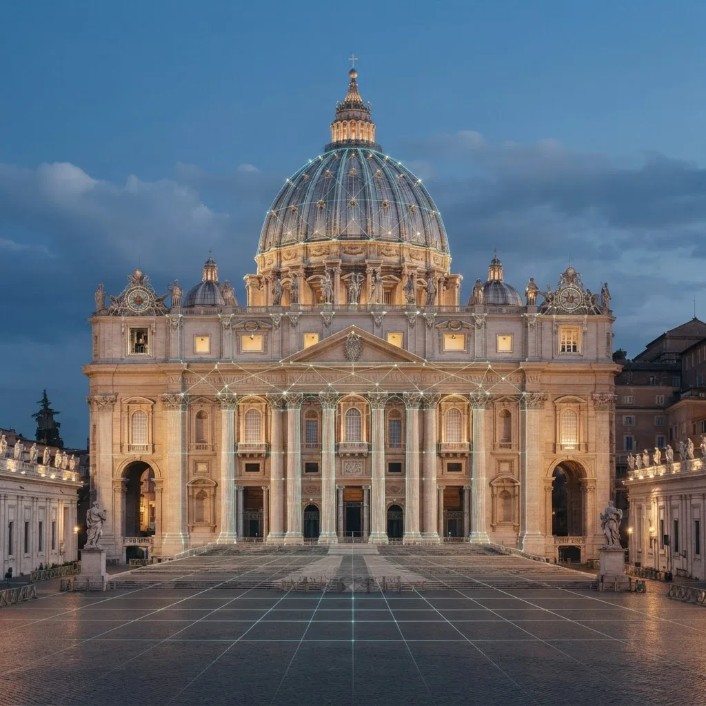 Vatican classical architecture overlaid with digital grid lines