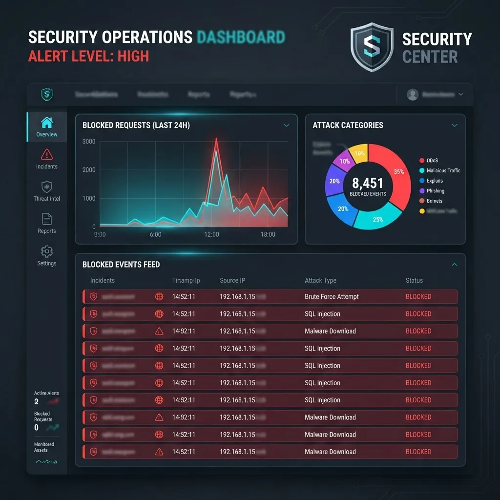 WAF blocked attack monitoring dashboard with request metrics