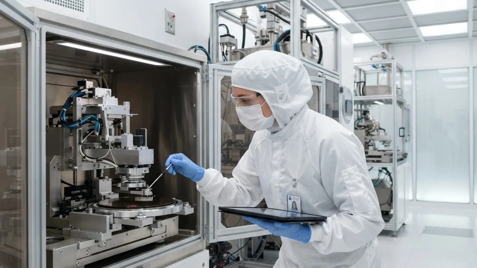 Cleanroom engineer in a bunny suit inspecting a wafer handling robot under laminar airflow