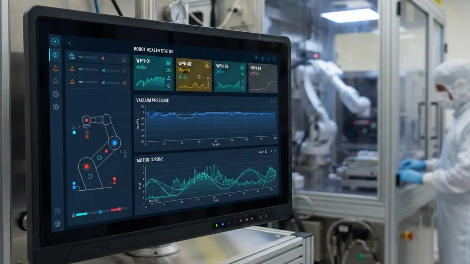 Predictive maintenance dashboard showing vacuum pressure and motor torque trends for wafer robots