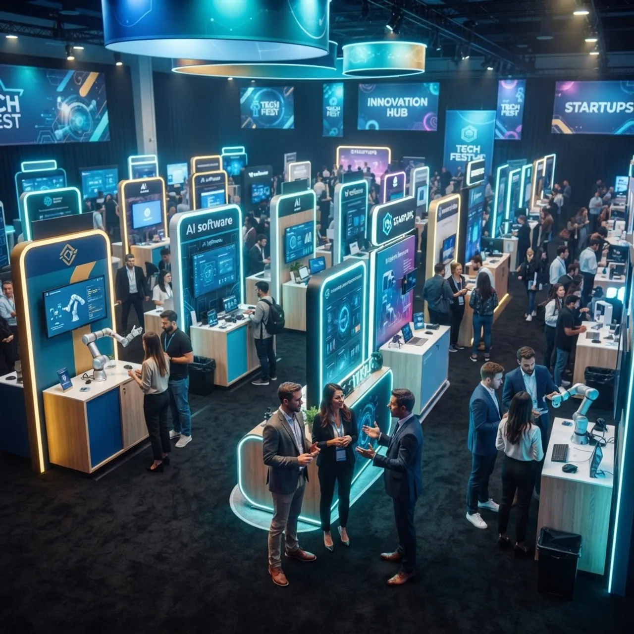 Startup expo pavilion with product demo booths