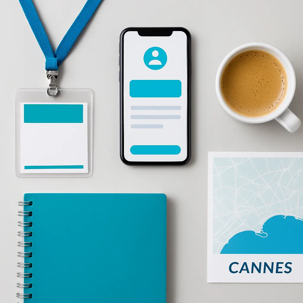 Event attendee guide flat lay with badge and map