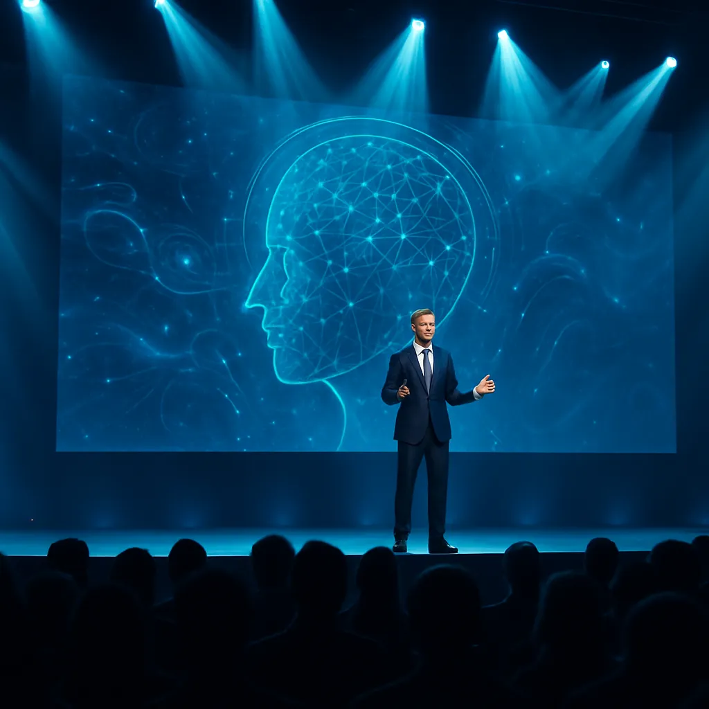 Keynote speaker on stage at AI festival