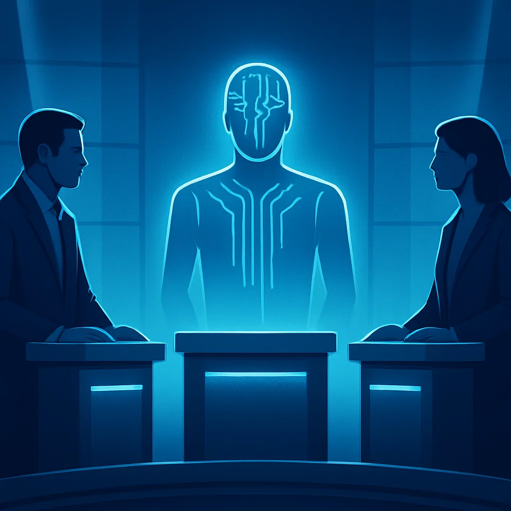 AI system competing between two contestant podiums on a quiz stage