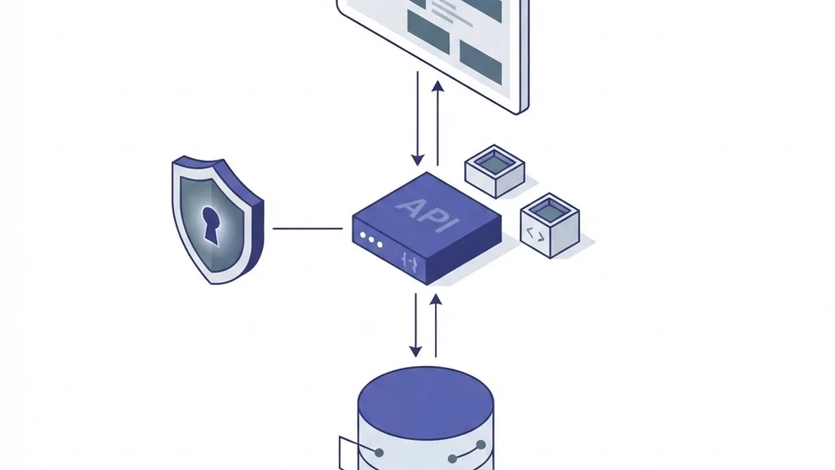 Web application architecture with browser, API layer, database and authentication