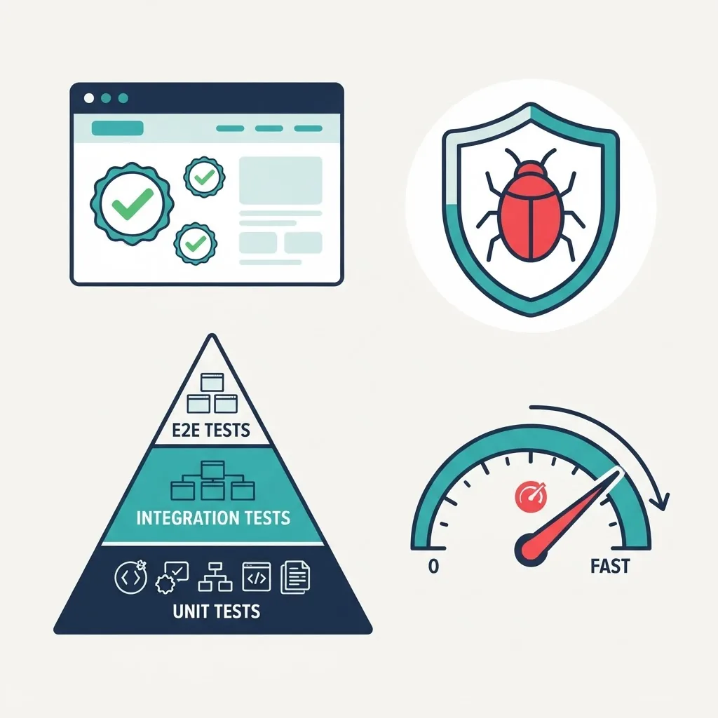 Quality assurance testing with passing checks and performance gauge