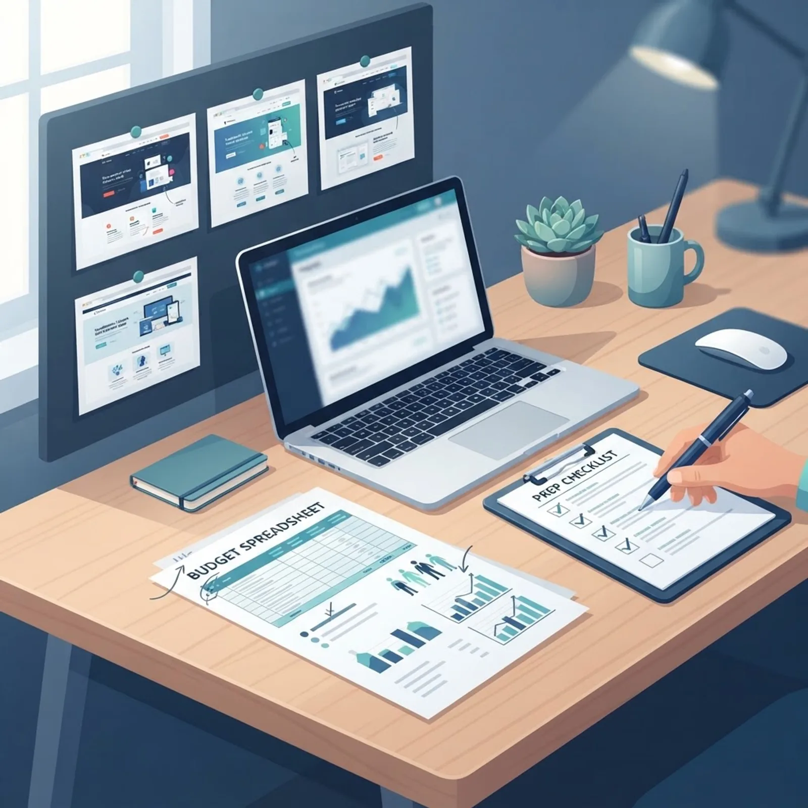Web development consultation preparation checklist on a desk