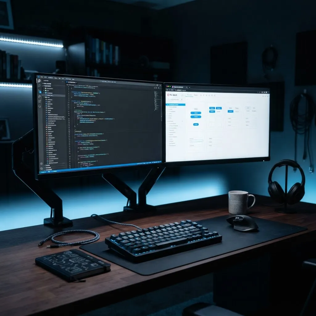Developer workstation showing a clean code editor and component library on dual monitors