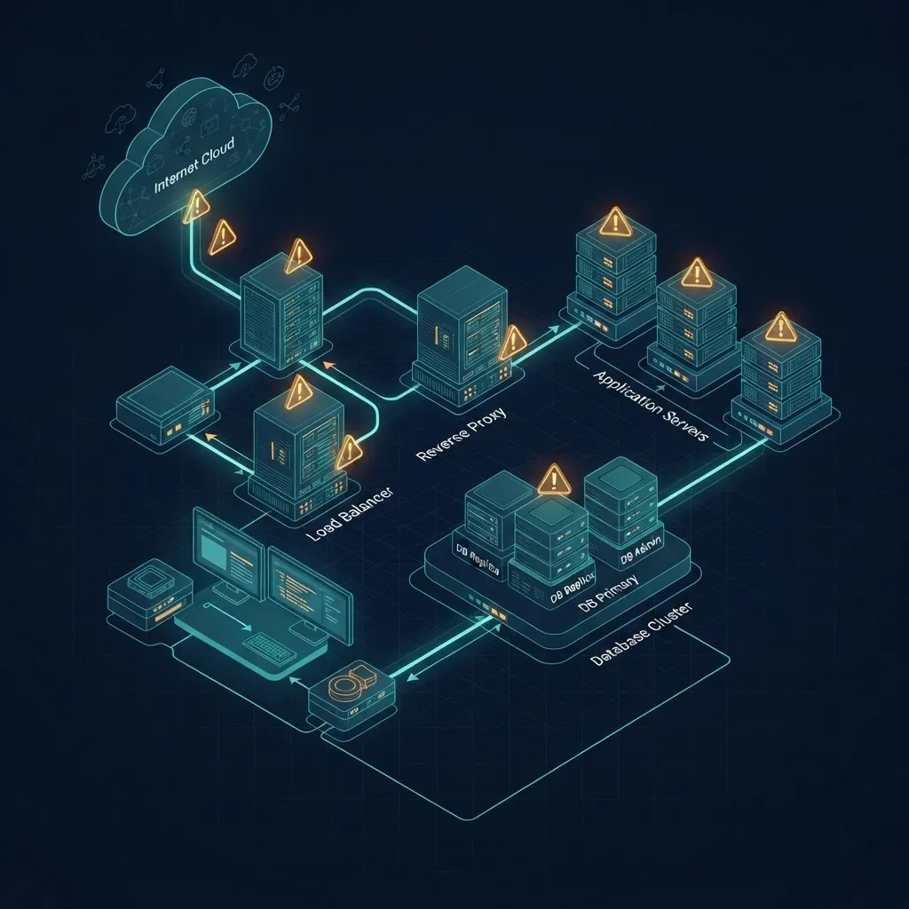 Isometric map of a web server attack surface across proxy, app, and database layers