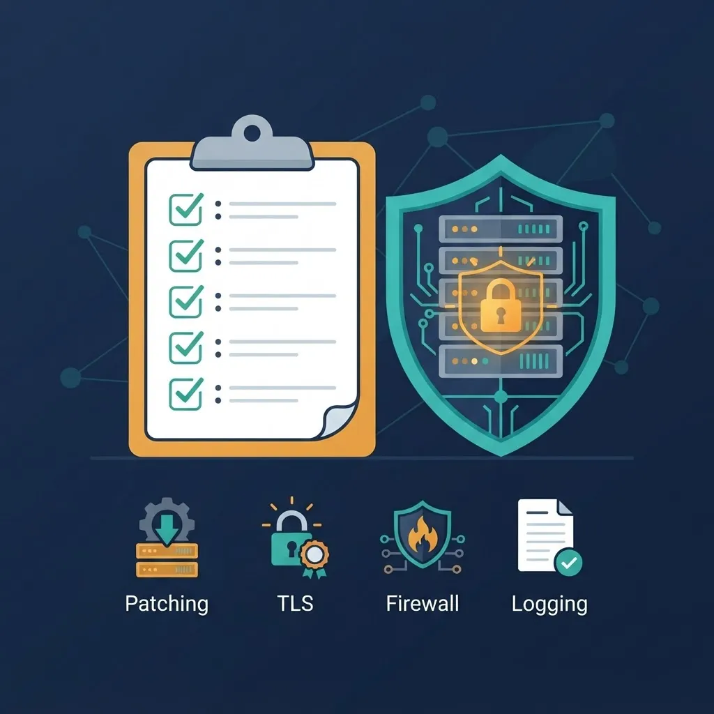 Web server hardening checklist with patching, TLS, firewall, and logging icons