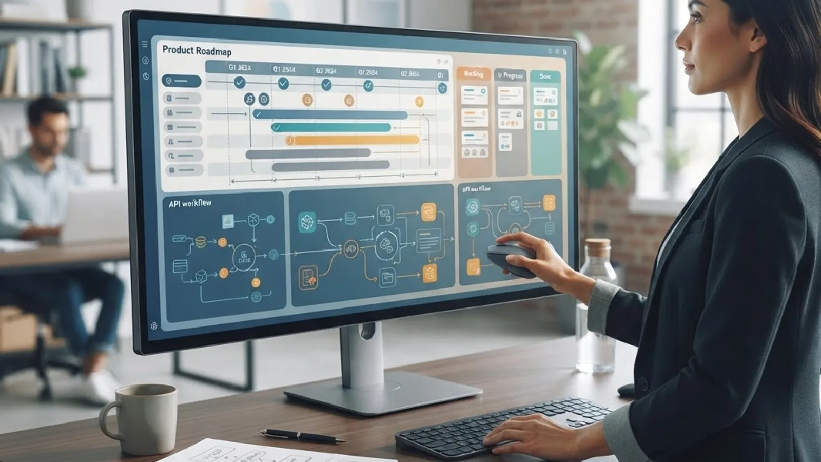 Consultant reviewing product roadmap, wireframes and API diagrams on a large monitor