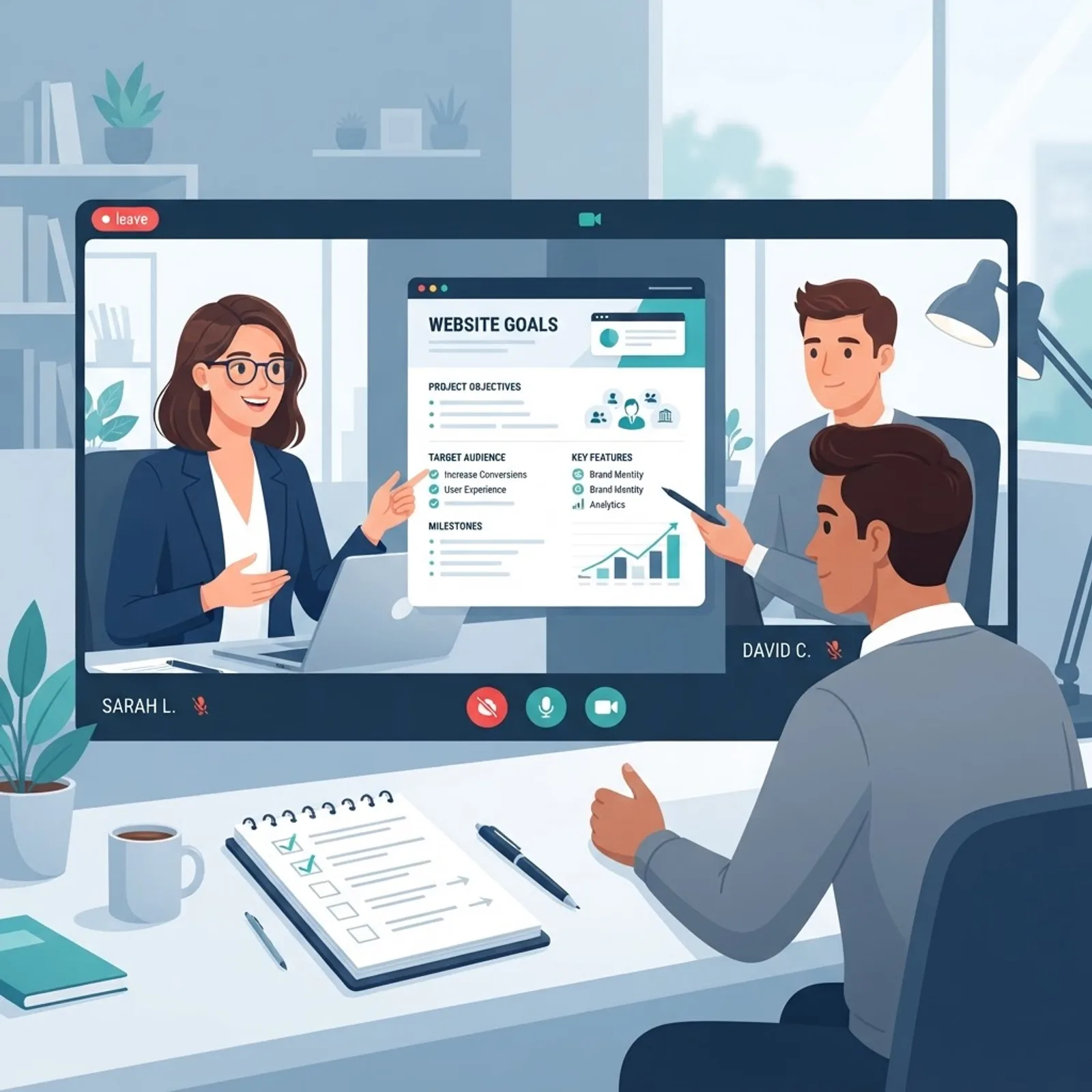 Discovery call reviewing website goals on a shared screen