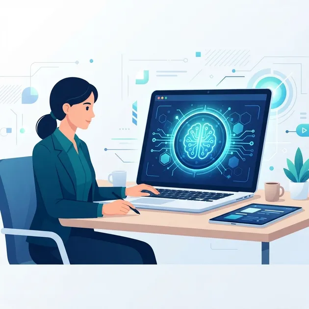 Professional reviewing an AI certification badge on a laptop