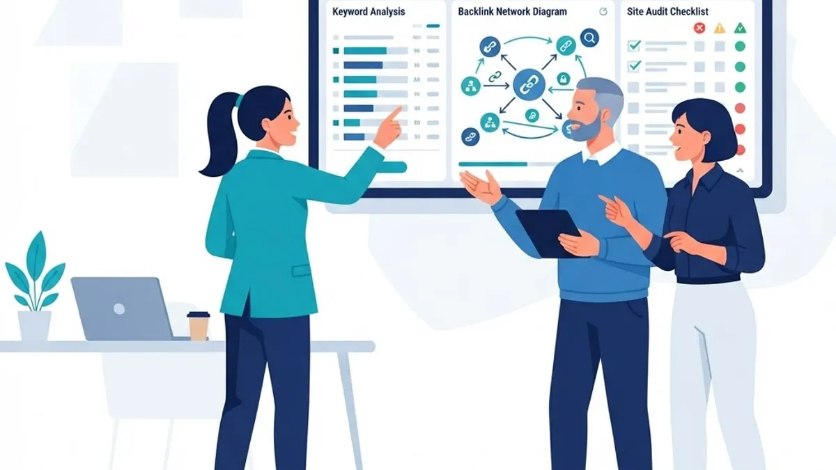 Illustration of an SEO agency team working on keywords, audits and backlinks