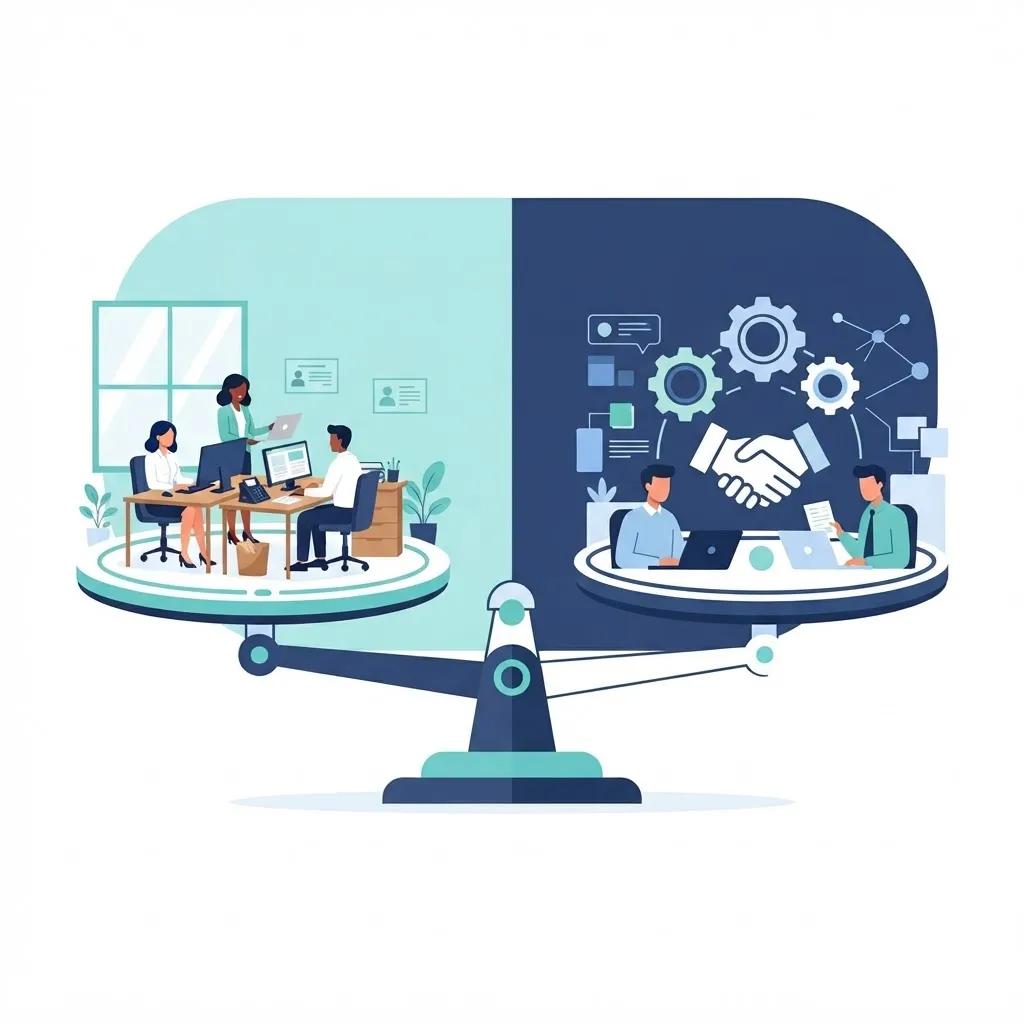 Balanced scale comparing an in-house team with an outsourced white label partner