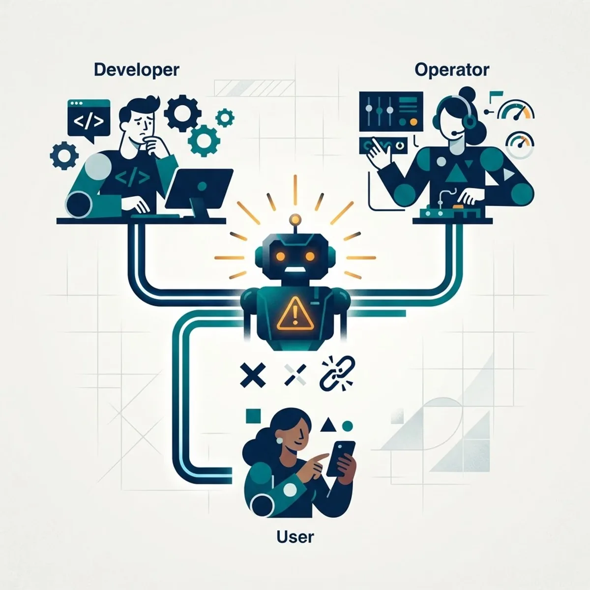 Abstract figures representing developer, operator and user linked to an AI system