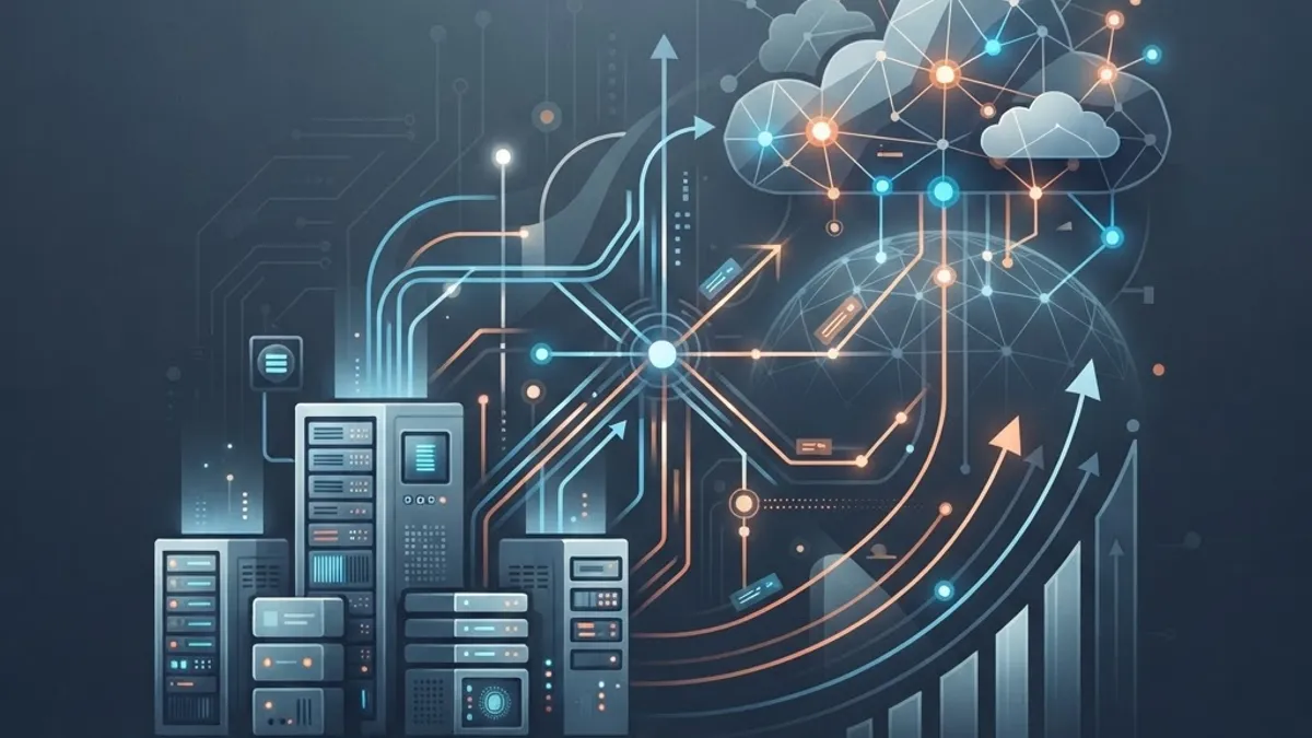 Enterprise scalability illustration with cloud nodes and server infrastructure