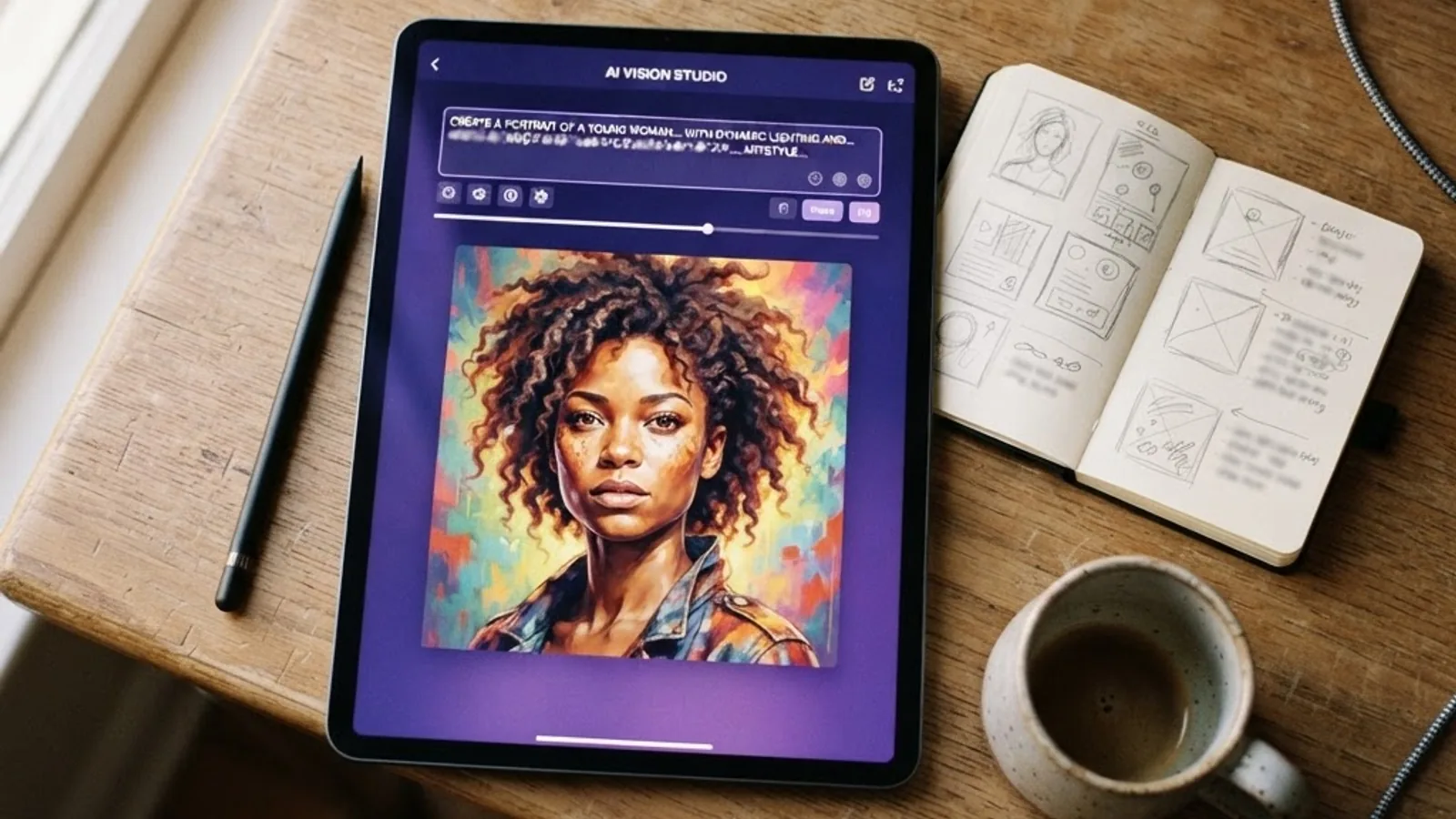 Designer's desk with a tablet showing an AI image prompt and result