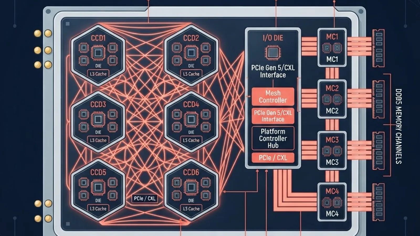 Chiplet architecture diagram of compute tiles, I/O tile, and mesh interconnect